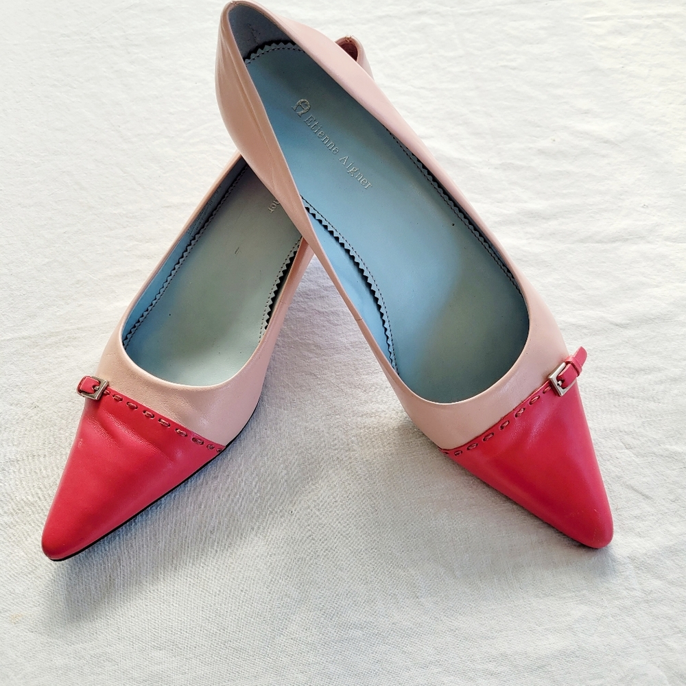 Etienne Aigner Pink and Red Pointed Toe Flats